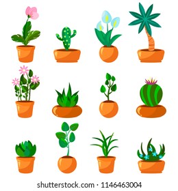 Cartoon green house plants in pots set. Leaf and flowers icon. Flowerpot isolated objects, houseplant flower pot collection. Vector illustration