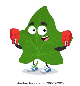 cartoon green ivy leaf mascot in red boxing gloves on white background
