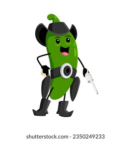 Cartoon green jalapeno pepper dressed as a cowboy, complete with hat and boots, ready to add some heat to tex mex dishes. Isolated vector sheriff, ranger or bandit, traditional mexican spicy vegetable