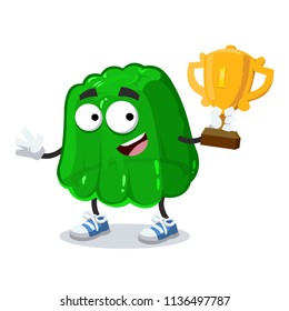 cartoon green jelly mascot holds the number one cup on white background