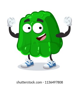 cartoon green jelly mascot shows its strength on a white background