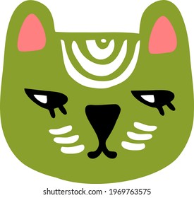 Cartoon green kitty face. Funny head cat that looks like bear. Hand-drawn cute pet with rounded ears, white stripes. Eyes look down. Animal is wary. Сlipart for baby avatars, icons, prints, patterns. 