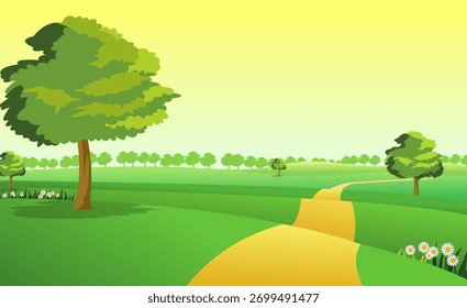 Cartoon grüne Landschaft Hintergrund Vektor, Natur-Hintergrund Illustration, Bäume, Straße, Vektorhintergrund