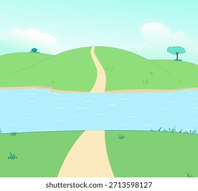Vector de fondo verde del paisaje de la historieta, ilustración de fondo del canal del agua, camino que camina, paisaje, tierra verde, Arte vectorial