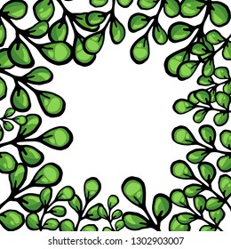 Cartoon green leaves vector frame. Hand-drawn herbs doodles on white background with lights and shadows. Botanical template design of greeting card, banner, invitation, advertisement and postcard