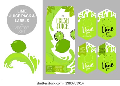 cartoon green lime on juice splash. lime juice pack and organic fruit labels tags. Colorful tropical stickers. Juicy exotic fruit badges with splashes. Citrus Fruit vector package set for web, print.