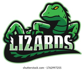 Cartoon green lizard mascot on white background.