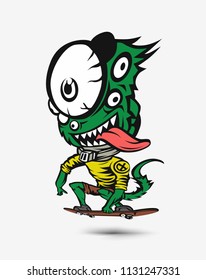 Cartoon green lizard monster. Vector illustration isolated.