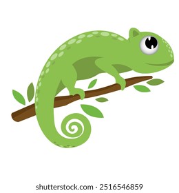 A cartoon green lizard is on the branch on white background, vector illustration