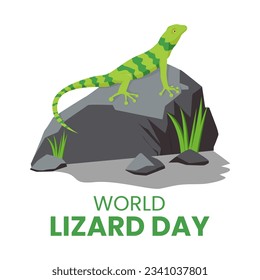 Cartoon green lizard on rock or stone suitable for world lizard day