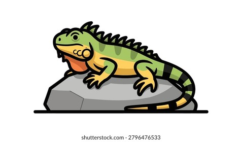 Cartoon green lizard sitting on rock