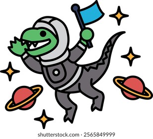 A cartoon of a green lizard in a spacesuit holding a flag. The cartoon is of a space scene with a few planets and stars