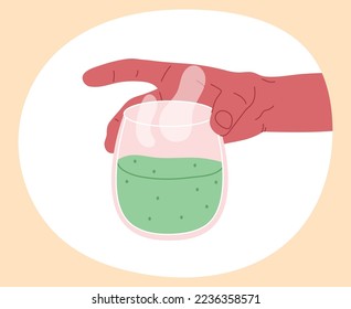 Té matcha verde de dibujos animados. Mano femenina sosteniendo taza de té caliente, bebida caliente matcha aislado dibujo plano ilustrativo vectorial sobre fondo blanco