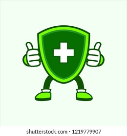 cartoon green medical shield protection mascot logo cute illustration