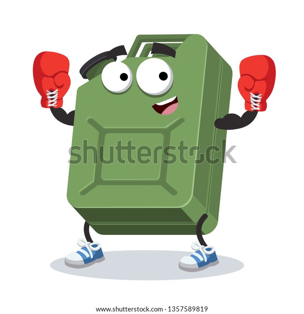 cartoon green metal canister for\
gasoline mascot in red boxing gloves on white\
background