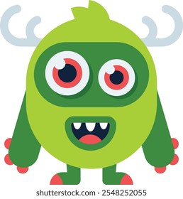 Cartoon green monster character smiling and showing teeth with large red eyes and antlers, suitable for children s illustrations or fantasy projects