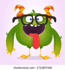 Cartoon green monster with eyeglasses showing tongue. Vector illustration