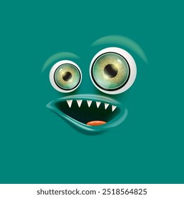 Cartoon green monster face with open mouth, fangs and eyes isolated on green background. Halloween cute and funky monster design template for poster, flyer,  banner and tee print