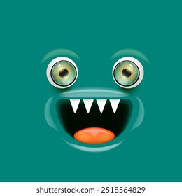 Cartoon green monster face with open mouth, fangs and eyes isolated on green background. Halloween cute and funky monster design template for poster, flyer,  banner and tee print