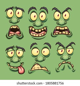 Cartoon green monster faces with different expressions. Vector clip art illustration. Each on a separate layer.
