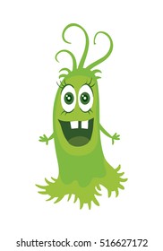Cartoon green monster. Funny smiling germ. Character with big eyes. Microorganism bacteria with tooth, hands, open mouth. Vector funny illustration in flat design. Friendly virus. Microbe face