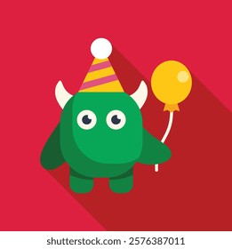 Cartoon green monster holding yellow balloon and wearing birthday hat celebrates a special occasion 