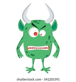 Cartoon green monster with horns. Can be used for children illustration and books.