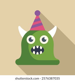 Cartoon green monster with horns wearing a birthday hat, celebrating and having fun 