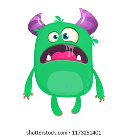 Cartoon green monster. Monster illustration with surprised expression. Shocking green gremlin mascot design. Vector Halloween illustration