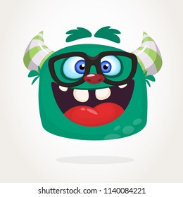Cartoon green monster nerd wearing glasses. Vector illustration isolated