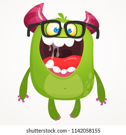 Cartoon green monster nerd wearing glasses. Vector troll or goblin oar alien illustration isolated