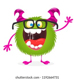 Cartoon green monster nerd wearing glasses. Vector illustration isolated
