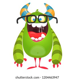 Cartoon green monster nerd wearing glasses. Vector illustration isolated