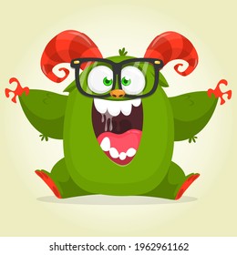 Cartoon green monster nerd wearing glasses. Vector illustration isolated
