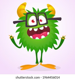 Cartoon green monster nerd wearing glasses. Vector illustration isolated
