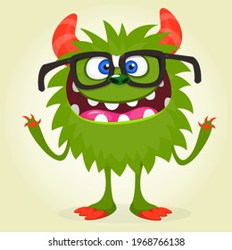 Cartoon green monster nerd wearing glasses. Vector illustration isolated
