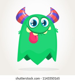 Cartoon green monster. Vector Halloween illustration of a green horned monster with long tongue. 