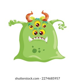 Cartoon green multy eyed cute monster. Best for monster party designs. Vector illustration.