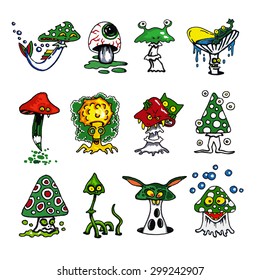 Cartoon green mushrooms icons