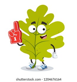 cartoon green oak leaf character mascot with the number 1 one sports fan hand glove on a white background