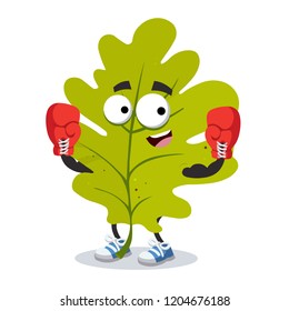 cartoon green oak leaf mascot in red boxing gloves on white background