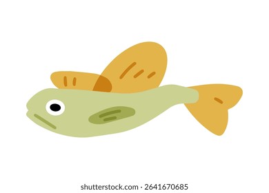 Cartoon Green And Orange Fish. Cute green fish with large orange fins and tail in flat cartoon style. Bright marine character, isolated on white background.