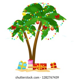 Cartoon green palm tree surrounded with christmas presents