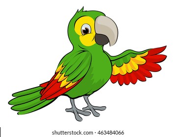 A cartoon green parrot bird pointing or waving with its wing