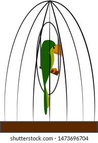Caricatura de un loro verde en una jaula, vector, dibujo a color o ilustración.