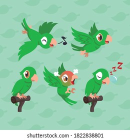Cartoon green parrot character set
