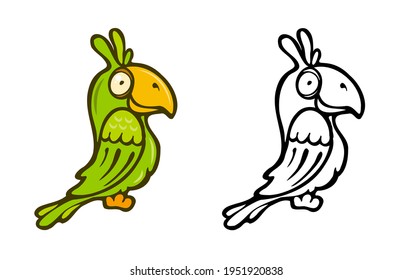 cartoon green parrot color and outline illustration. for design for coloring book