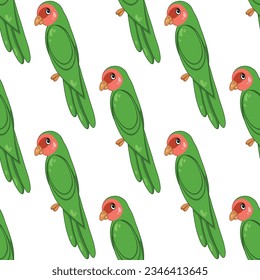 Cartoon green parrot hand drawn pattern. Flat design.