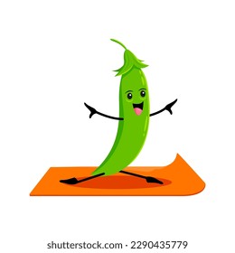 Cartoon green pea funny bean pod character on yoga or pilates fitness sport. Vector cute vegetable do the splits or yogi asana on mat. Comic personage at stretching class, health care yoga practice