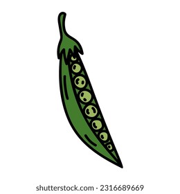 Cartoon Green Pea Pod. Hand Drawn Vegetable Illustration